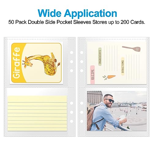 3x5 Index Card Sleeves Binder Sheets - 50 Pack | Clear Plastic Refill 2 Pocket Page Protector for Recipe Cards, Photo Cards, Flash Cards | Fits 6-Ring A5 Binder | Organizer and Holder - 200 Pockets - size: 3" x 5"