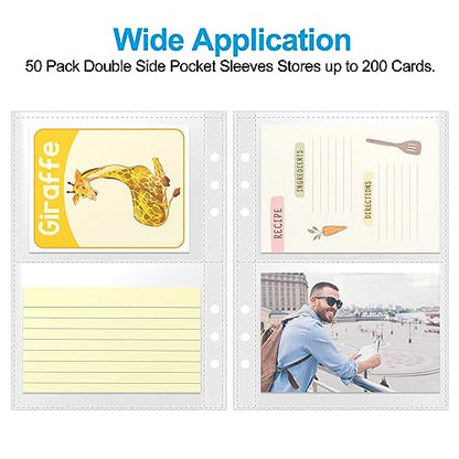 3x5 Index Card Sleeves Binder Sheets - 50 Pack | Clear Plastic Refill 2 Pocket Page Protector for Recipe Cards, Photo Cards, Flash Cards | Fits 6-Ring A5 Binder | Organizer and Holder - 200 Pockets - size: 3" x 5"