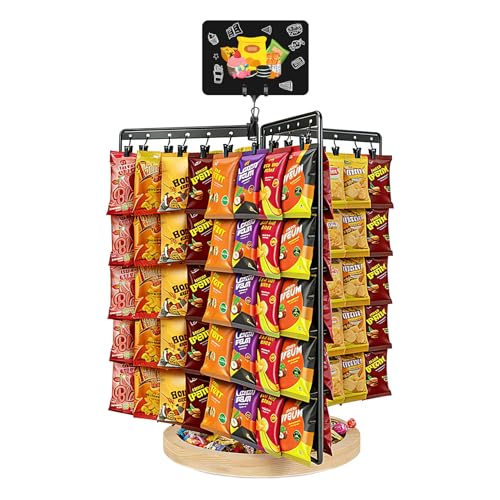 Chip Rack Display Stand, 6-Side 5-Tiers Chip Holder Display with 80 Adjustable Clips, Wooden Base Countertop Snack Organizer for Concession Stand, Parties - With Message Board & Pen - size: Fixed use
