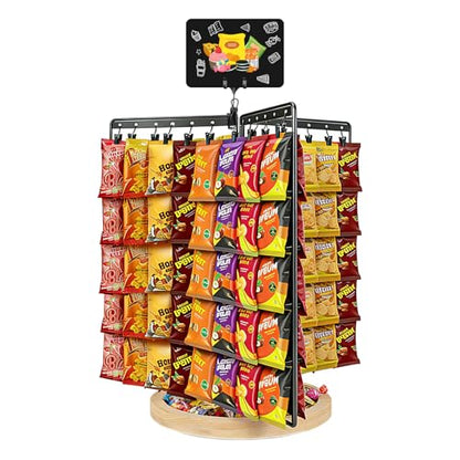 Chip Rack Display Stand, 6-Side 5-Tiers Chip Holder Display with 80 Adjustable Clips, Wooden Base Countertop Snack Organizer for Concession Stand, Parties - With Message Board & Pen - size: Fixed use