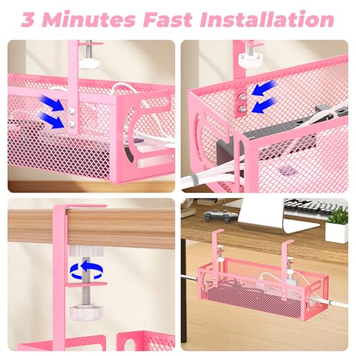 Under Desk Cable Management Tray, 15.7'' No Drill Steel Desk Cable Organizers, Wire Management Tray Cable Management Rack (2 Pack-Pink) - color: 2 Packs-15.7"-Pink