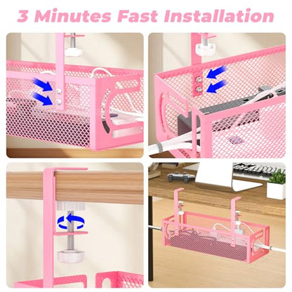 Under Desk Cable Management Tray, 15.7'' No Drill Steel Desk Cable Organizers, Wire Management Tray Cable Management Rack (2 Pack-Pink) - color: 2 Packs-15.7"-Pink