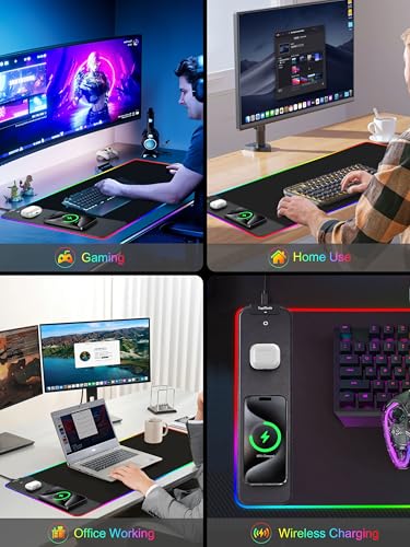 TopMade Wireless Charging RGB Mouse Pad, Waterproof Gaming Desk Pad with 4 Light Modes & 11 RGB Colors, Ultra-Smooth Surface, Non-Slip Base, 31.5"x15.75" XXL Large Desk Mat for MacBook, PC, Laptop - color: Rgb - Black