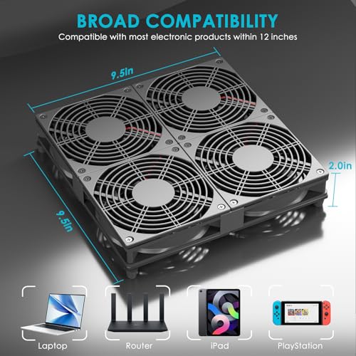 Router TV Box Mac mini DVR Xbox Receiver Cabinet Variable Cooling Fan, 12V 4X 120mm Computer Fan with Speed Controller Dual Ball Bearing - size: 9.5x9.5in cooling pad