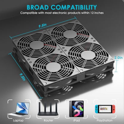 Router TV Box Mac mini DVR Xbox Receiver Cabinet Variable Cooling Fan, 12V 4X 120mm Computer Fan with Speed Controller Dual Ball Bearing - size: 9.5x9.5in cooling pad