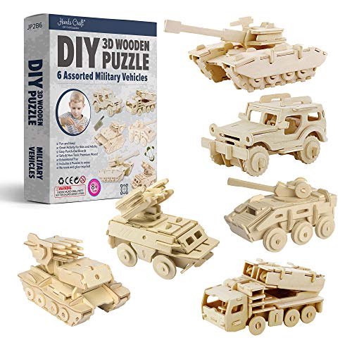 Hands Craft DIY 3D Wooden Puzzle – 6 Assorted Military Vehicles Bundle Pack Set Brain Teaser Puzzles Educational STEM Toy Adults and Kids to Build Safe and Non-Toxic Easy Punch Out Premium Wood JP2B6 - color: Miliatary Vehicles