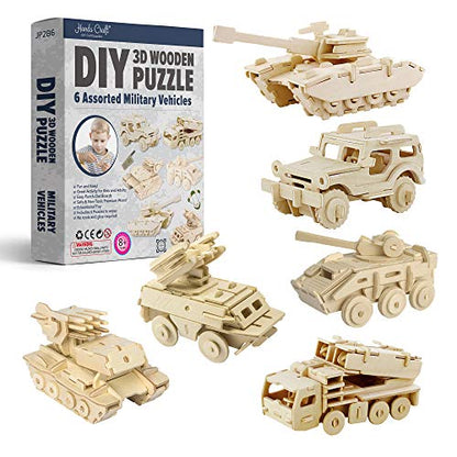 Hands Craft DIY 3D Wooden Puzzle – 6 Assorted Military Vehicles Bundle Pack Set Brain Teaser Puzzles Educational STEM Toy Adults and Kids to Build Safe and Non-Toxic Easy Punch Out Premium Wood JP2B6 - color: Miliatary Vehicles