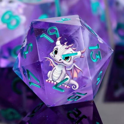 Double Layered Resin Dice Set 7pcs d4 d6 d8 d10 d12 d20 Dragon Pattern& Blue umbers Sharp Edged Polyhedral Dice Apply to D&D DNDRole Playing Game RPG Party Gift - color: Purplish Blue