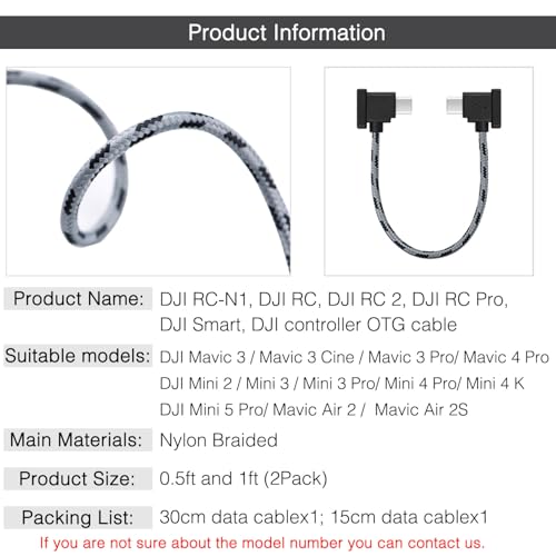 1FT+ 0.5FT(2 pack) USB C to USB C Remote Controller Cable for IPhone 17/16/16e/15 Pro Max, DJI Mavic 3/4 Pro/Air 2/2S, Mini 2/3/4/5 Pro,RC-N1,RC Pro to Tablet Cable 90 Degree Data OTG Cord Accessories - style: USB C to USB C