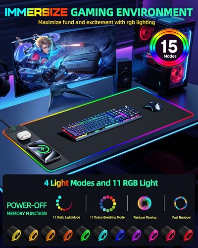 Mouse Pad with Wireless Charging, RGB Gaming Desk Mat, 31.5"x15.7" | Large XXL Desk Pad, 15 Light Modes, Ultra-Smooth Surface, Non-Slip Rubber Base, Waterproof Computer Keyboard Pad, Black - color: Black Rgb - 31.5"x15.8"