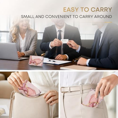 Business Card Holder，PU Leather Business Card Case Wallet Pink Marble | Pocket Travel Name Card Case for Men and Women Gift，Portable Magnetic Business Card Carrier for Purse - color: Pink Marble