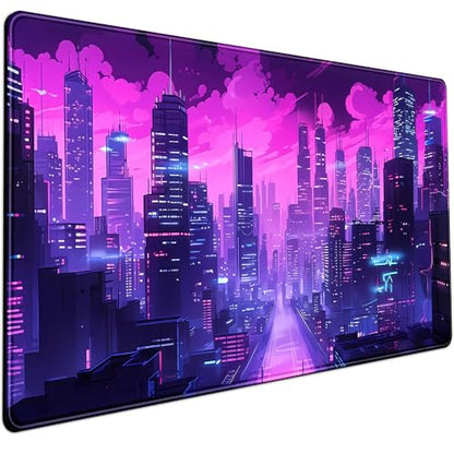 Cyberpunk Neon Purple City Gaming Desk Mouse Pad XL Pink Extended Mouse Pad Gaming, Keyboard Pc Office Laptop Mousepad Large, 31.5x15.8 in with Stitched Eges Non-Slip Base Mouse Pads - color: City Skyline