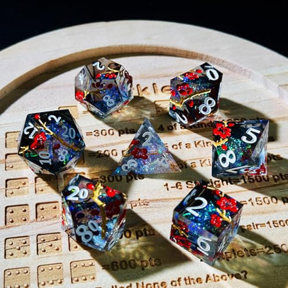 HAOMEJA Resin Flower Dice Set 7pcs/ Sharp Edged Polyhedral Dice/Apply to D&D/DND/RPG-MTG/Role Playing Table Game/Easter/Halloween Party Gift (Transparent Black) - color: 7 Transparent Black