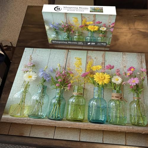 Wildflower 1000 Piece Puzzle for Adults, PICKFORU Whispering Blooms Summer Flower Garden Jigsaw Puzzle, Challenging Retro Vibrant Sunflower Vase Theme as Home Decor - style: Whispering Blooms