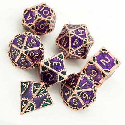 UDIXI Metal Dice Set D&D Steampunk Gear Metal DND Dice for Tabletop Games | 7PCS, Purple, Solid Metal, Metal Gift Box, DM Gift, for Dungeons and Dragons RPG Role Playing Games - color: Gear-purple With Green