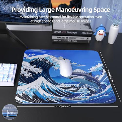 ATTACK SHARK CM05 Glass Gaming Mouse Pad,17.7x15.7 in Large Mouse Mat,Non Slip 9H Hard Mousepads,Nano-Textured Glass Surface with Improved Precision and Speed for FPS/MOBA-Wave Shark,Blue - color: Blue
