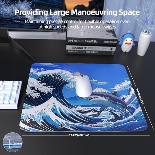 ATTACK SHARK CM05 Glass Gaming Mouse Pad,17.7x15.7 in Large Mouse Mat,Non Slip 9H Hard Mousepads,Nano-Textured Glass Surface with Improved Precision and Speed for FPS/MOBA-Wave Shark,Blue - color: Blue