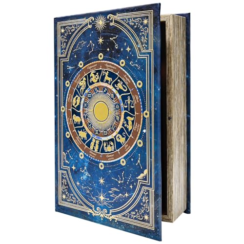 Vintage Tarot Card Storage Box, Astrology Book-Shaped Wooden Keepsake Box | With Magnetic Closure, Handmade Canvas Gold Foil Large Size Fake Book for Home Office - color: L/ZODIAC