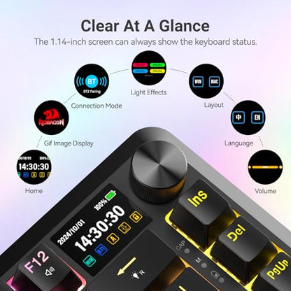 Redragon K708 Wireless Mechanical Keyboard with Screen, Volume Knob & Pre-Lubed Switches - Tri-Mode (Bluetooth/2.4G/USB-C) RGB Gasket Gaming Keyboard, Hot Swappable, 4000mAh Battery for PC, Mac, etc. - color: Black