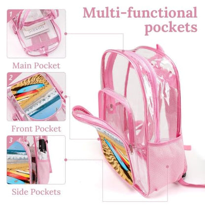 16" Clear Backpack Waterproof Stadium Bag for Security | Beach Surfboard, Transparent Backpack Stadium Events, Heavy Duty Bookbag, See Through Bag for Sports Festivals Travel - color: Pink