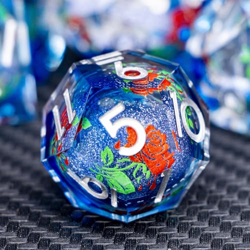 ARUOHHA Liquid Core DND Dice Set, Vampire Sharp Edged Dragons Dice Compatible with D&D RPG Role Playing Games, Resin Blood Red Polyhedral Dungeons D and D Dice with Gift Box D20 D12 D10 D8 D6 D4 - color: Rose - Silver Blue