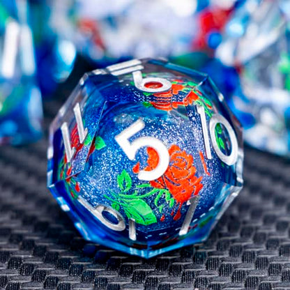 ARUOHHA Liquid Core DND Dice Set, Vampire Sharp Edged Dragons Dice Compatible with D&D RPG Role Playing Games, Resin Blood Red Polyhedral Dungeons D and D Dice with Gift Box D20 D12 D10 D8 D6 D4 - color: Rose - Silver Blue