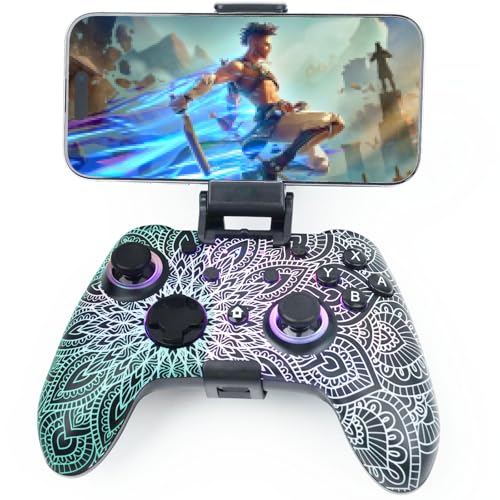 WZUICOV RGB Multi-Platform Game Controller for Switch, Phone, Tablet, PC, TV Box & Tesla - Bluetooth & Wired USB-C, with C-A Adapter, Phone Holder + Extra 25mm Cable - color: Geometric Space