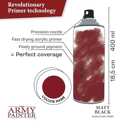 The Army Painter, Colour Primer Matt Black, 400 ml spray acrilico | Primer nero opaco per dipingere miniature Warhammer e Dungeons and Dragons - color: Matt Black