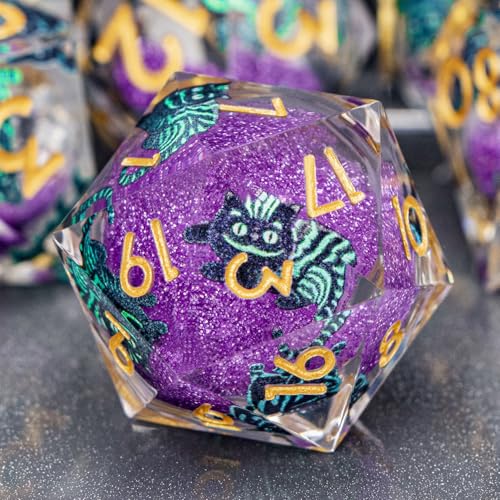 DND Cat Dice 7PCS Polyhedral Sharp Edge Dice Set with Gift Case for Dungeons Dragons Role Playing Game, RPG Resin D and D Dice D6 D8 D10 D12 D20 D% (Gold Purple) - color: Cat2-gold Purple