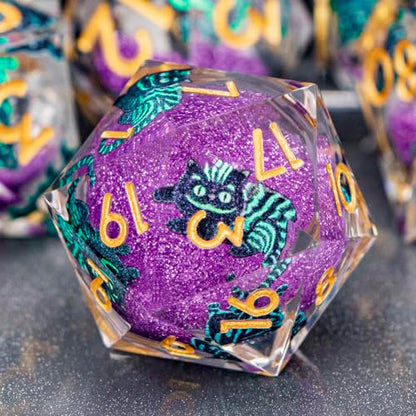 DND Cat Dice 7PCS Polyhedral Sharp Edge Dice Set with Gift Case for Dungeons Dragons Role Playing Game, RPG Resin D and D Dice D6 D8 D10 D12 D20 D% (Gold Purple) - color: Cat2-gold Purple