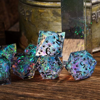 Cusdie 7-Die Sharp Edges DND Dice Set, Cat Pattern Polyhedral D&D Dice Set for DND TTRPG Role Playing Games - color: Cat Pattern-transparent Black