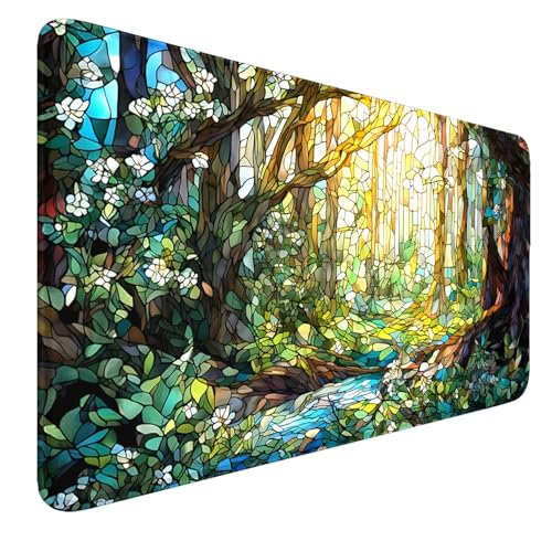 MTG MATS, 24" x 14" TCG DND Playmats Stitched Edges for Trading Card Smooth Rubber Surface Anti-Slip Mouse Pad with Storage Bag Thickened 3mm for Magic Playmat Gaming Mat - color: Stained Glass Forest, size: Playmat Without Zones