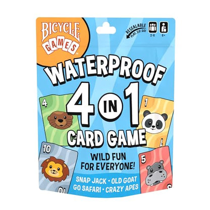 Bicycle Waterproof 4-in-1 Card Games Set Plastic Deck Family Travel Pack | 4 games in 1 Crazy Apes Go Safari Old Goat and Snap Jack, Waterproof plastic, Re-sealable storage bag, Ages 6 and up