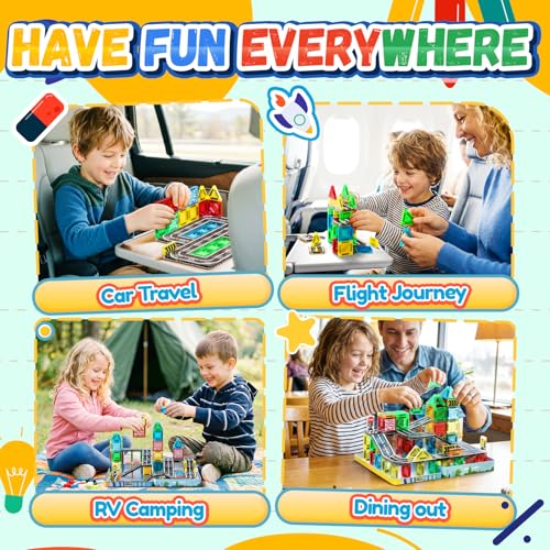 Magnetic Tiles - Road Set, City Race Track Travel Building Blocks with 2 Cars & Metal Box, Mini Magnet Tiles Outdoor Construction Toys for Boys, STEM Sensory Gifts for Toddlers 3-5 4-8 Years Old