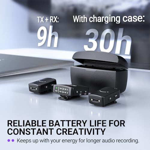 FIFINE Wireless Lavalier Microphone for iPhone/Android/Camera, 2 Pack Cordless Lapel Mic System for Vlog Recording Video YouTube/TikTok Interview, Condenser Clip-On Microphone with Charging Case-M9 | Condenser Clip-On Lapel Mic System, Charging Case, for