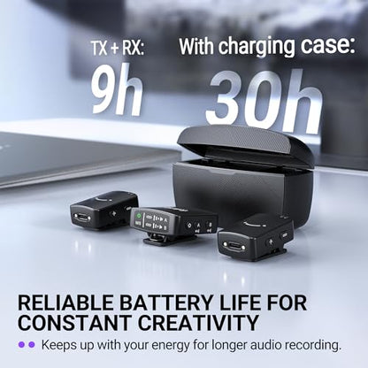 FIFINE Wireless Lavalier Microphone for iPhone/Android/Camera, 2 Pack Cordless Lapel Mic System for Vlog Recording Video YouTube/TikTok Interview, Condenser Clip-On Microphone with Charging Case-M9 | Condenser Clip-On Lapel Mic System, Charging Case, for