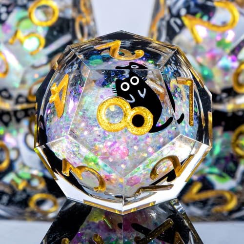 Roycevon Resin DND Dice Set with Gift Box, 7Pcs Liquid Core Cat D&D Dice, Cute Dungeons Dragons D and D Dice, Sharp Edge Role Playing Game Dice D20 D12 D10 D8 D6 D4, Rainbow Gold - color: Rainbow White - 2