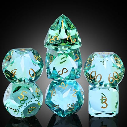 DNDND 7-Piece Glass Dice - Multifaceted Colorful DND Dice, Tabletop Gaming, Collectors | Premium Gift Box & Durable Design (Green and Blue) - color: Green and Blue