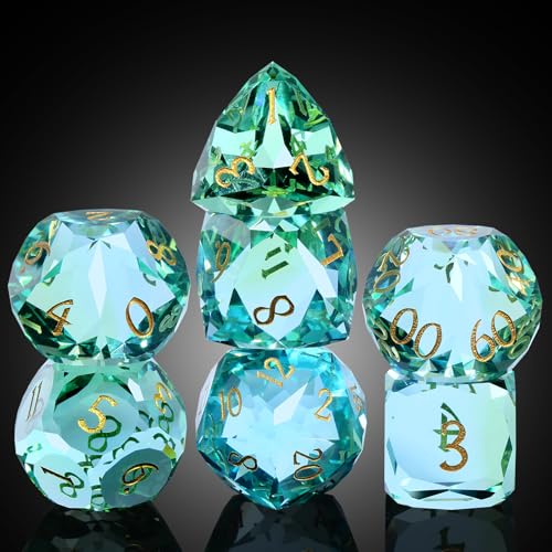 DNDND 7-Piece Glass Dice - Multifaceted Colorful DND Dice, Tabletop Gaming, Collectors | Premium Gift Box & Durable Design (Green and Blue) - color: Green and Blue