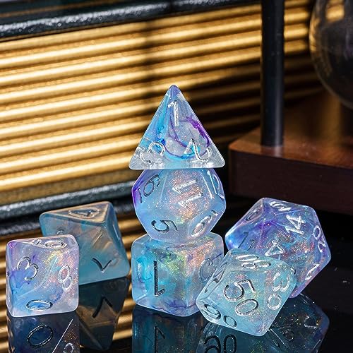 UDIXI D&D Polyhedral Dice Set Glitter and Cyan Swirls for Role Playing Game | Purple Cyan Colors, Dreamy Effect, Velvet Dice Bag Packaging, for Dungeons and Dragons Role Playing Games and Tabletop Games - color: Purple With Cyan