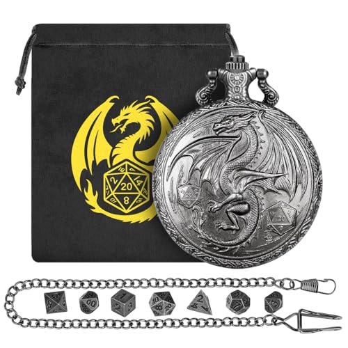Mini DND Dice Set, Steampunk Winged Dragon Pocket Watch Shell Case, 7-Piece Polyhedral Metal D&D Dice, DND Gift Bag with Dragon Logo, Role Play Board Game Accessories, Dark Silver - color: Dark Silver