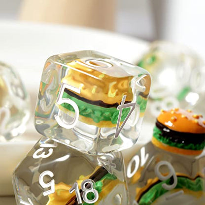 Hamburger Dungeons and Dragons Dice, DNDND 7PCS Resin DND Dice Set with Velvet Bag for D&D Role Playing Games and Tabletop Games（Hamburger - color: Hamburger