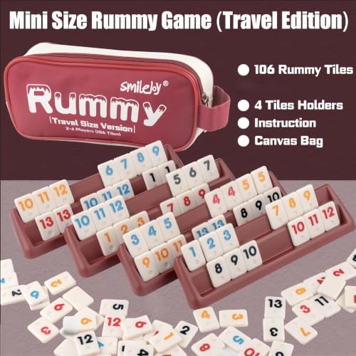 Smilejoy Mini Rummy Cube 4 Players Edition,Travel Rummy Game Set with Portable Canvas Bag,Classic Board Game for Adults and Kids |106 Tiles | 4 Playing Racks |1 Dice | (2-4 Player) - style: Mini Size (2-4 player)