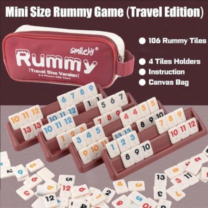 Smilejoy Mini Rummy Cube 4 Players Edition,Travel Rummy Game Set with Portable Canvas Bag,Classic Board Game for Adults and Kids |106 Tiles | 4 Playing Racks |1 Dice | (2-4 Player) - style: Mini Size (2-4 player)