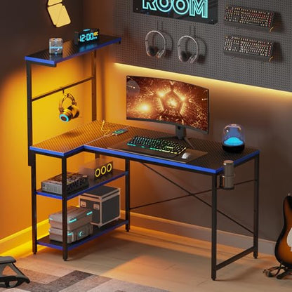 42" L-Shaped Gaming Desk with Power Outlets LED Lights, Black&Blue | Reversible Design, LED Lights, 4-Tier Storage Shelves, Headphone Hook, Foldable Cup Holder, Home Office, Small Space - color: Black&blue, size: 42 Inch