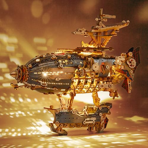 FUNPOLA LED 3D Wood Puzzle Fantasy Airship Model - Steampunk DIY Craft Kit with LED Lights – Intricate Wooden Airship Model Building Set for Adults(Gray) - color: Gray