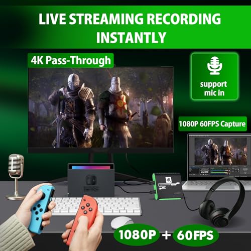 HDMI Capture Card for Nintendo Switch 2, 1080P 60FPS, Green | USB 3.0 plug and play for OBS beginners, 4K 30Hz passthrough, works with PS5, Xbox, PC and Mac - color: Green
