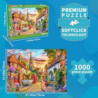 Jigsaw Puzzles for Adults 1000 Piece Puzzle for Adults 1000 Pieces Puzzle 1000 Pieces-Charming European Town with Cobblestone streetscape - color: European Town