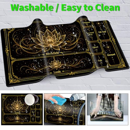 Playmat for MTG with Zones, 24 x 14 Inch Card Game Mat, Stitched Edges, Non Slip Rubber Base, 2mm Washable Play Mat with Storage Bag, Lotus Flower Design, Gold Color - color: Gold
