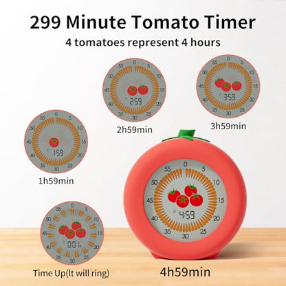 Tomato Kids Visual Timer for Classroom, Office and Meetings | 299 Minute, Cute Pomodoro Countdown Timer with Pause Function, Clock and Alarm, Kitchen Cooking Helper